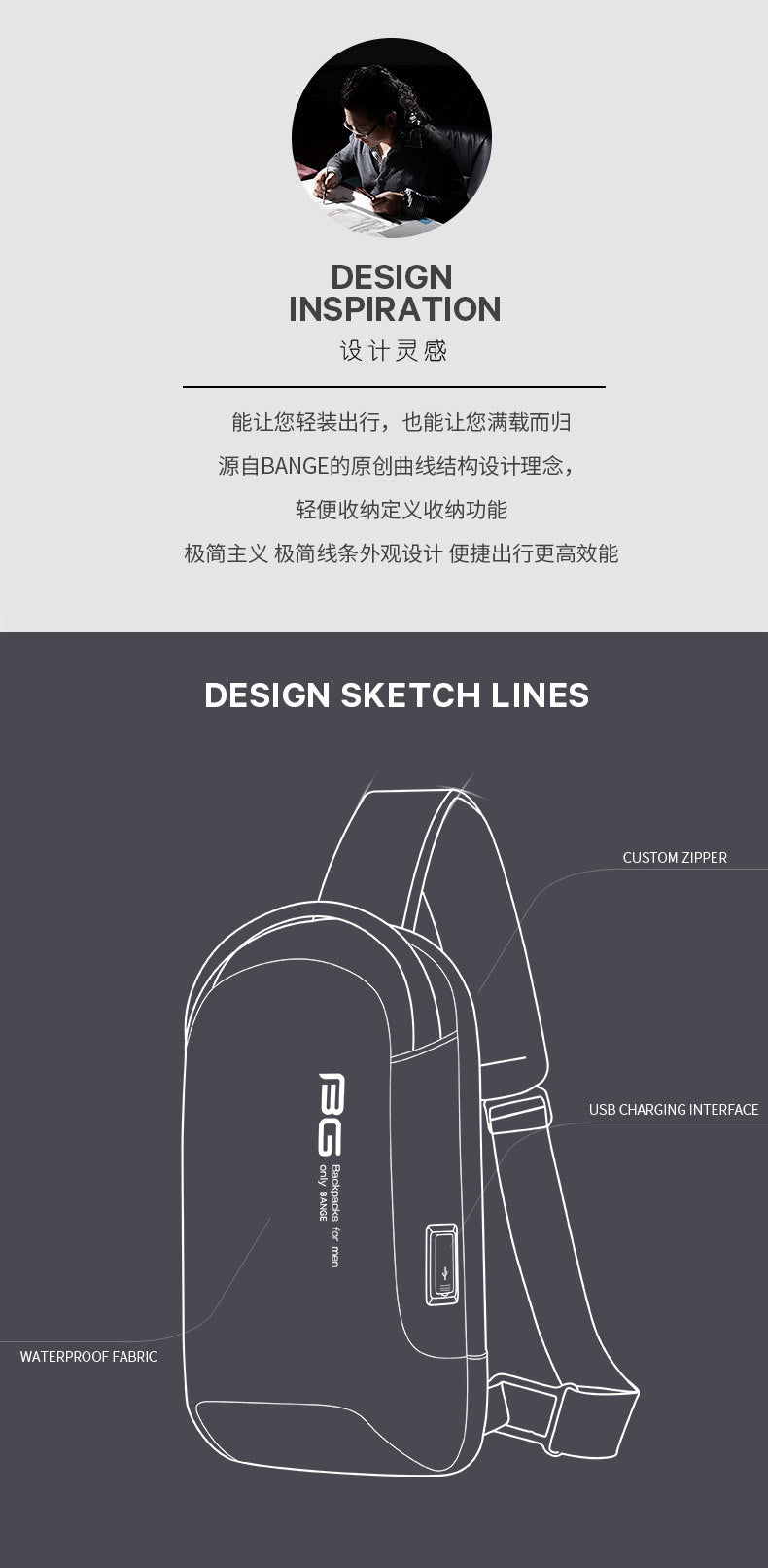 0034 - BANGE Waterproof Crossbody Bag – Multifunction Shoulder & Chest Pack for Men