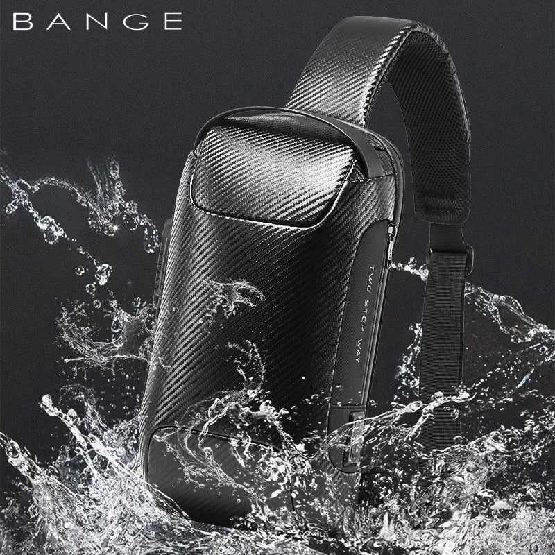 0049 BANGE Crossbody Bag – Waterproof Carbon Fiber Pattern Sling & Messenger Pack with USB Charging for Men