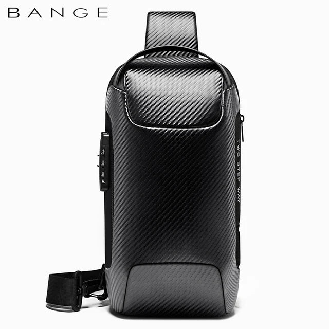 0049 BANGE Crossbody Bag – Waterproof Carbon Fiber Pattern Sling & Messenger Pack with USB Charging for Men