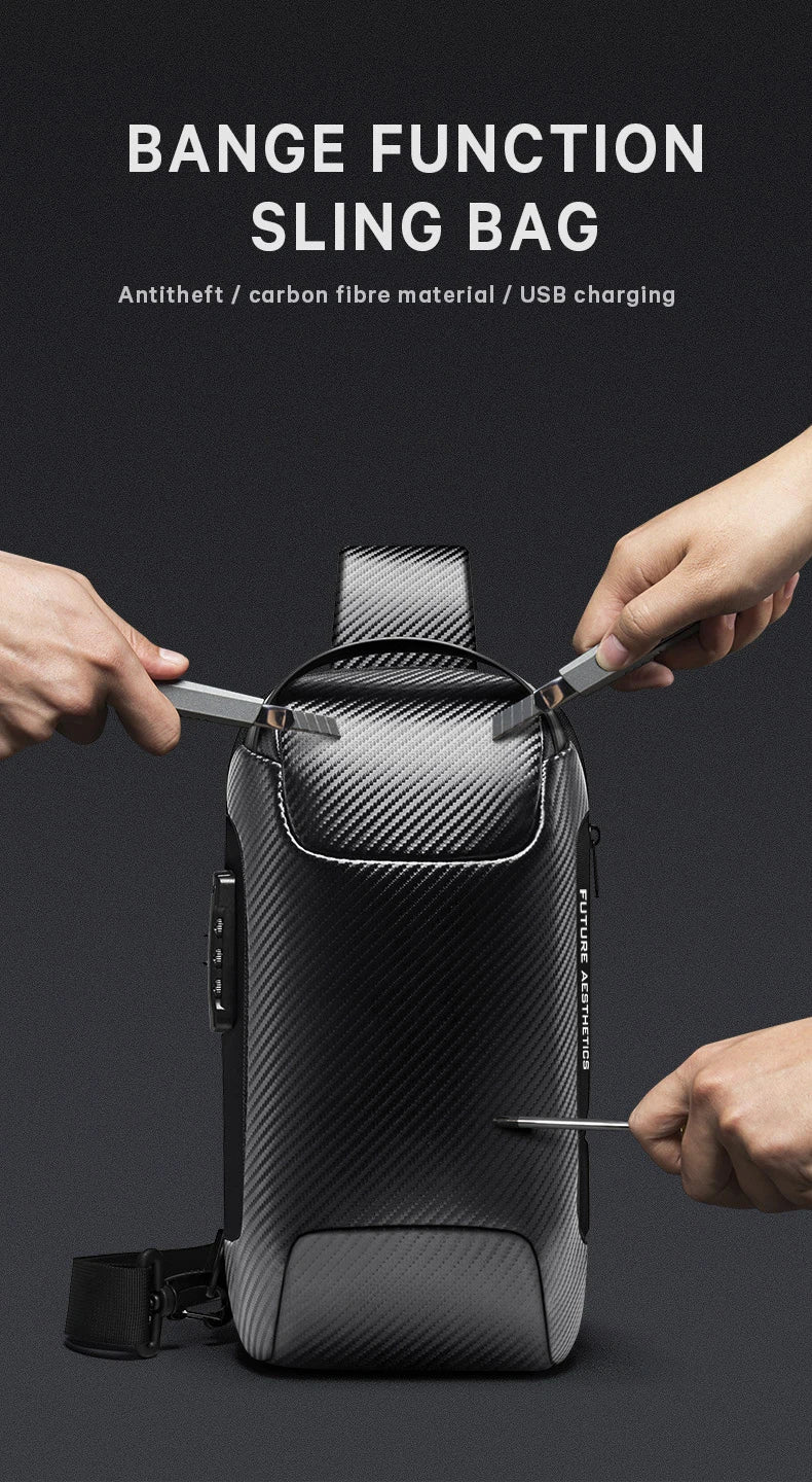 0049 BANGE Crossbody Bag – Waterproof Carbon Fiber Pattern Sling & Messenger Pack with USB Charging for Men