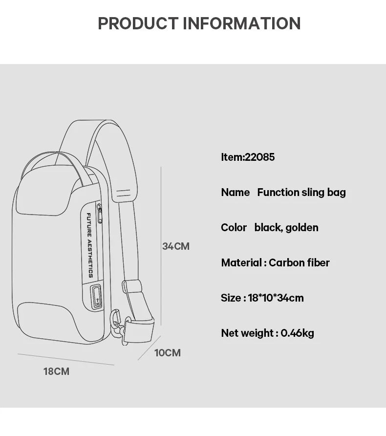 0049 BANGE Crossbody Bag – Waterproof Carbon Fiber Pattern Sling & Messenger Pack with USB Charging for Men
