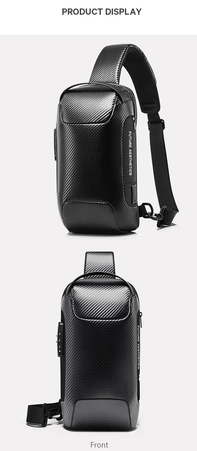 0049 BANGE Crossbody Bag – Waterproof Carbon Fiber Pattern Sling & Messenger Pack with USB Charging for Men
