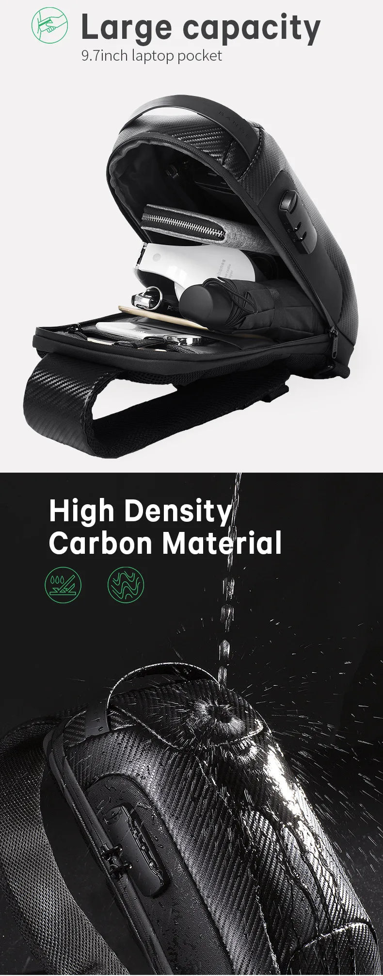 0049 BANGE Crossbody Bag – Waterproof Carbon Fiber Pattern Sling & Messenger Pack with USB Charging for Men