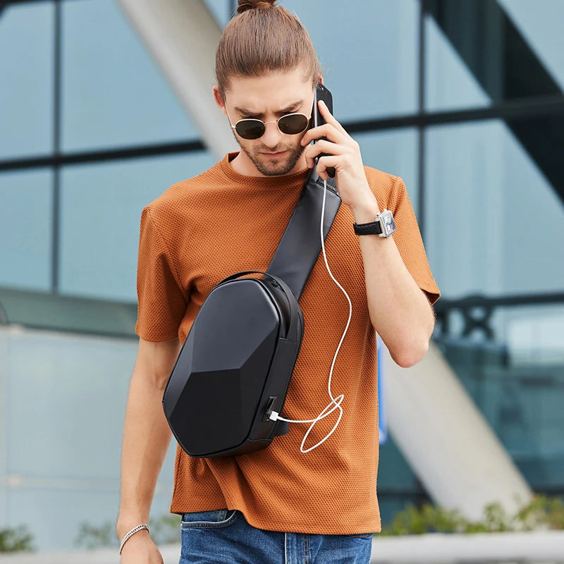 0026 BANGE Hard Shell Sling Bag – Waterproof Chest Pack with USB Charging for Men