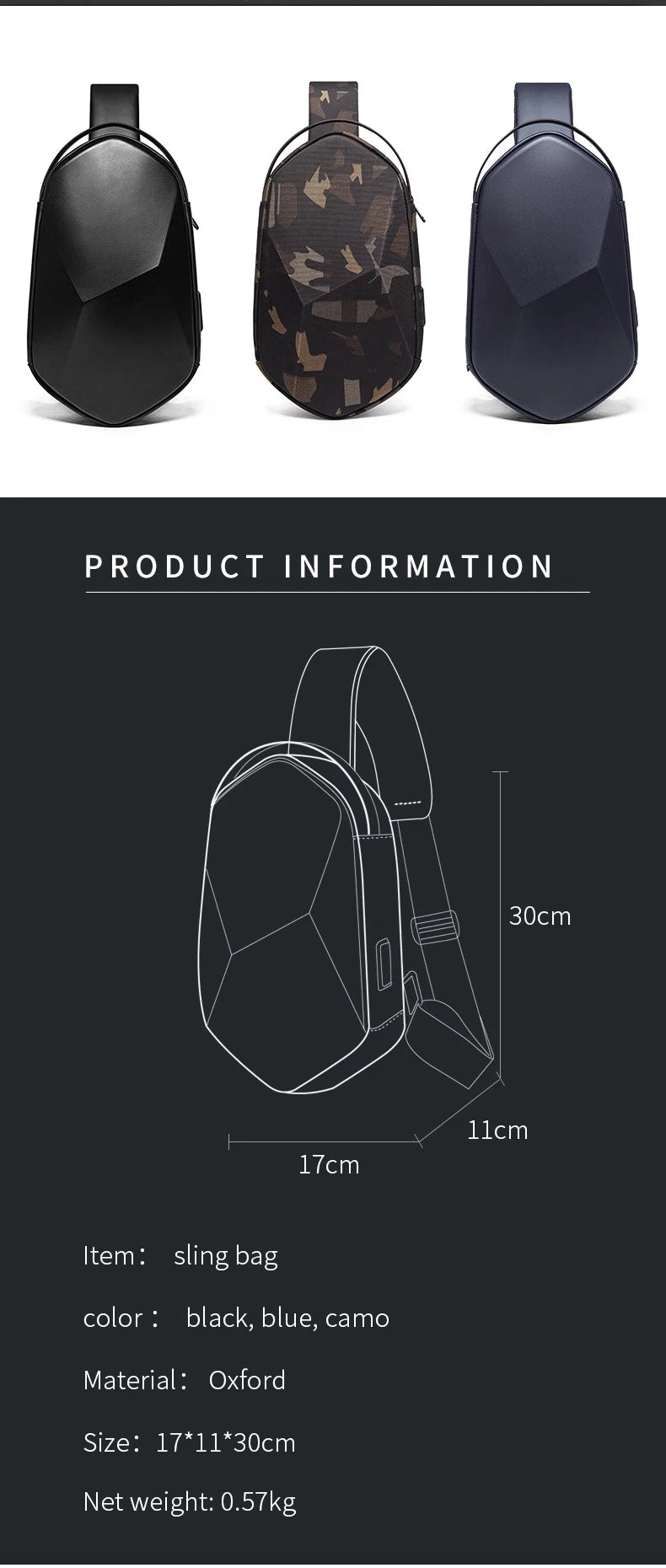 0026 BANGE Hard Shell Sling Bag – Waterproof Chest Pack with USB Charging for Men