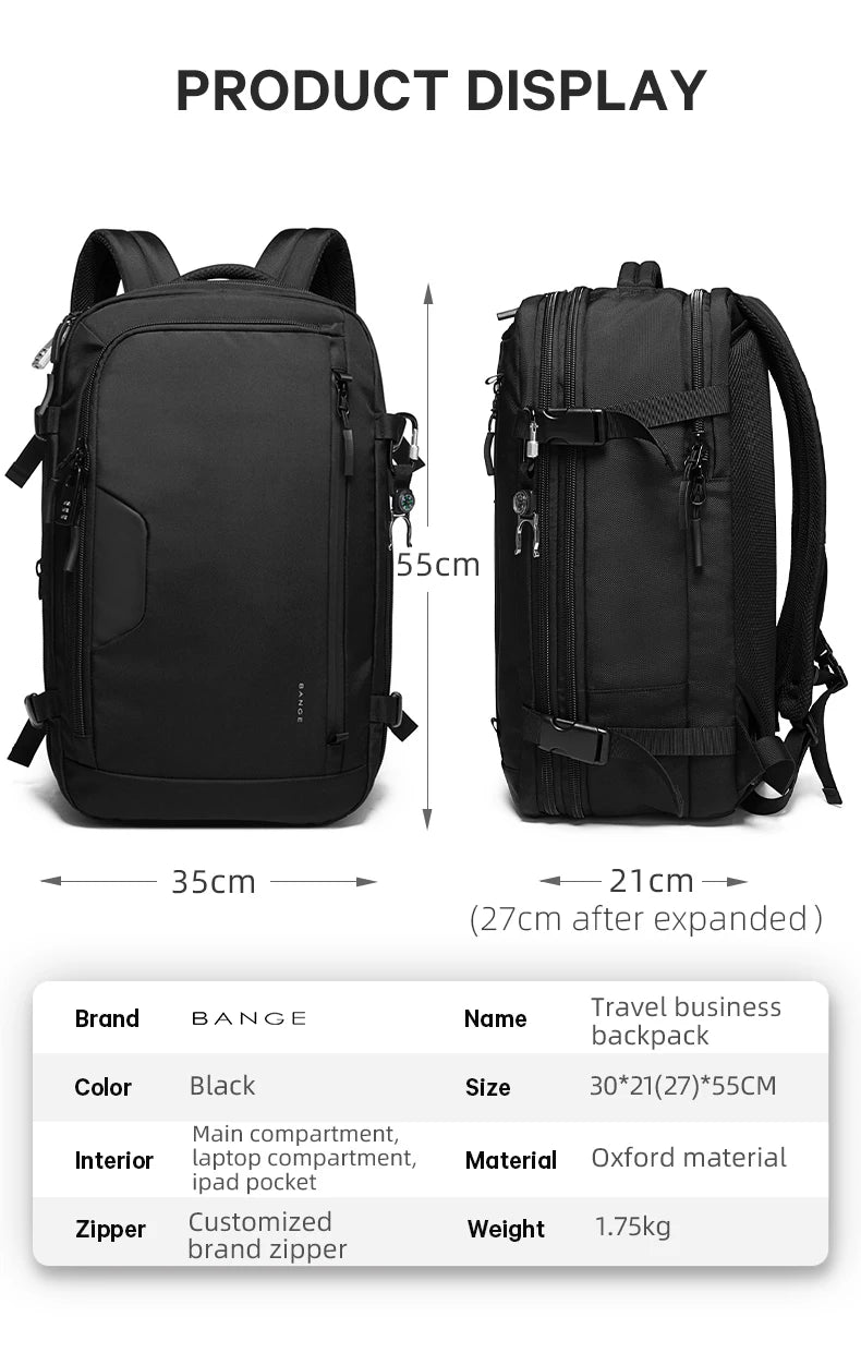 0014 BANGE Expandable Travel Backpack – Waterproof 15.6 Inch Laptop Bag, FAA Approved