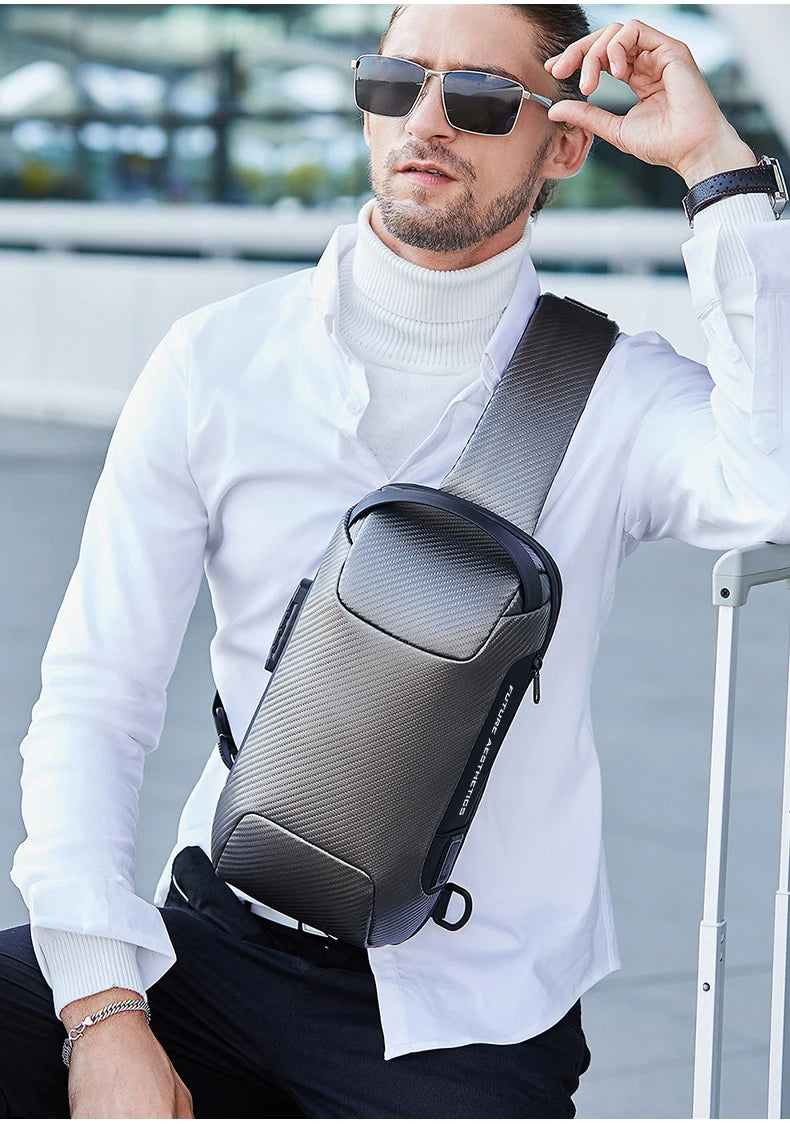 0049 BANGE Crossbody Bag – Waterproof Carbon Fiber Pattern Sling & Messenger Pack with USB Charging for Men