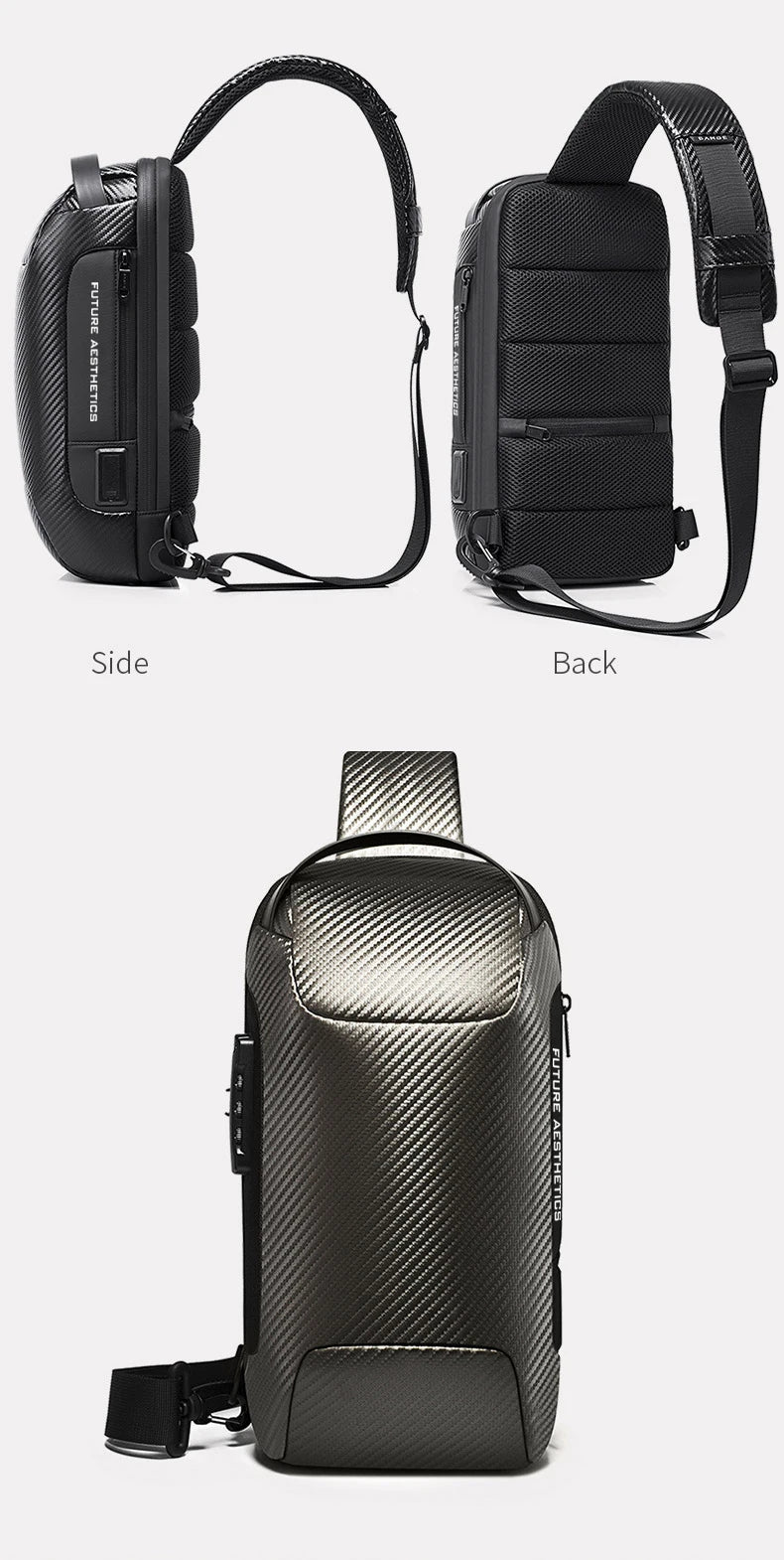 0049 BANGE Crossbody Bag – Waterproof Carbon Fiber Pattern Sling & Messenger Pack with USB Charging for Men