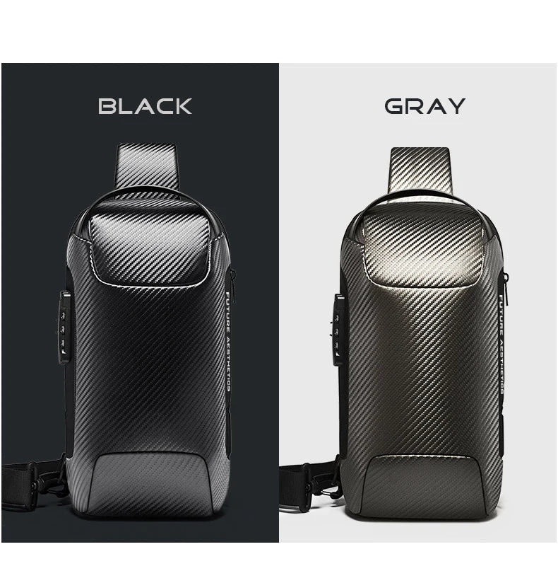 0049 BANGE Crossbody Bag – Waterproof Carbon Fiber Pattern Sling & Messenger Pack with USB Charging for Men