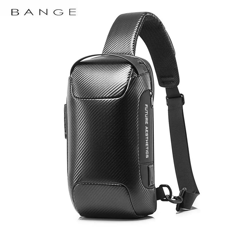 0049 BANGE Crossbody Bag – Waterproof Carbon Fiber Pattern Sling & Messenger Pack with USB Charging for Men