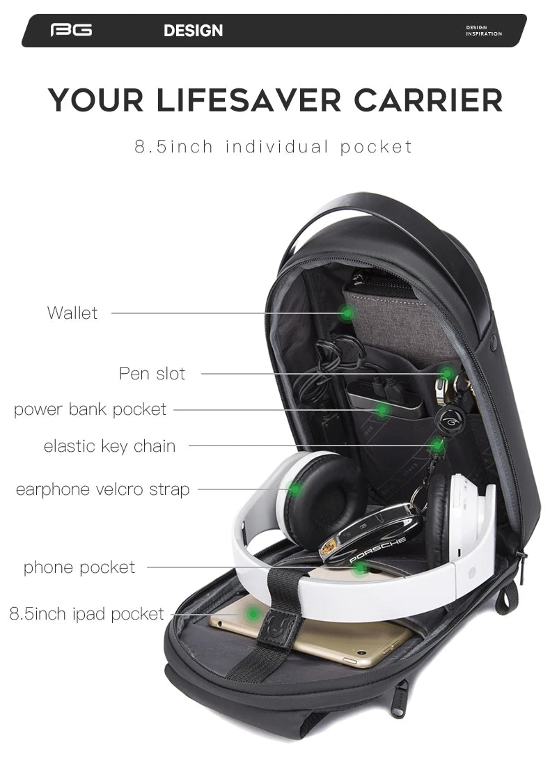 0042 BANGE Crossbody Bag – Waterproof TPU Sling & Messenger Pack with USB Charging for Men