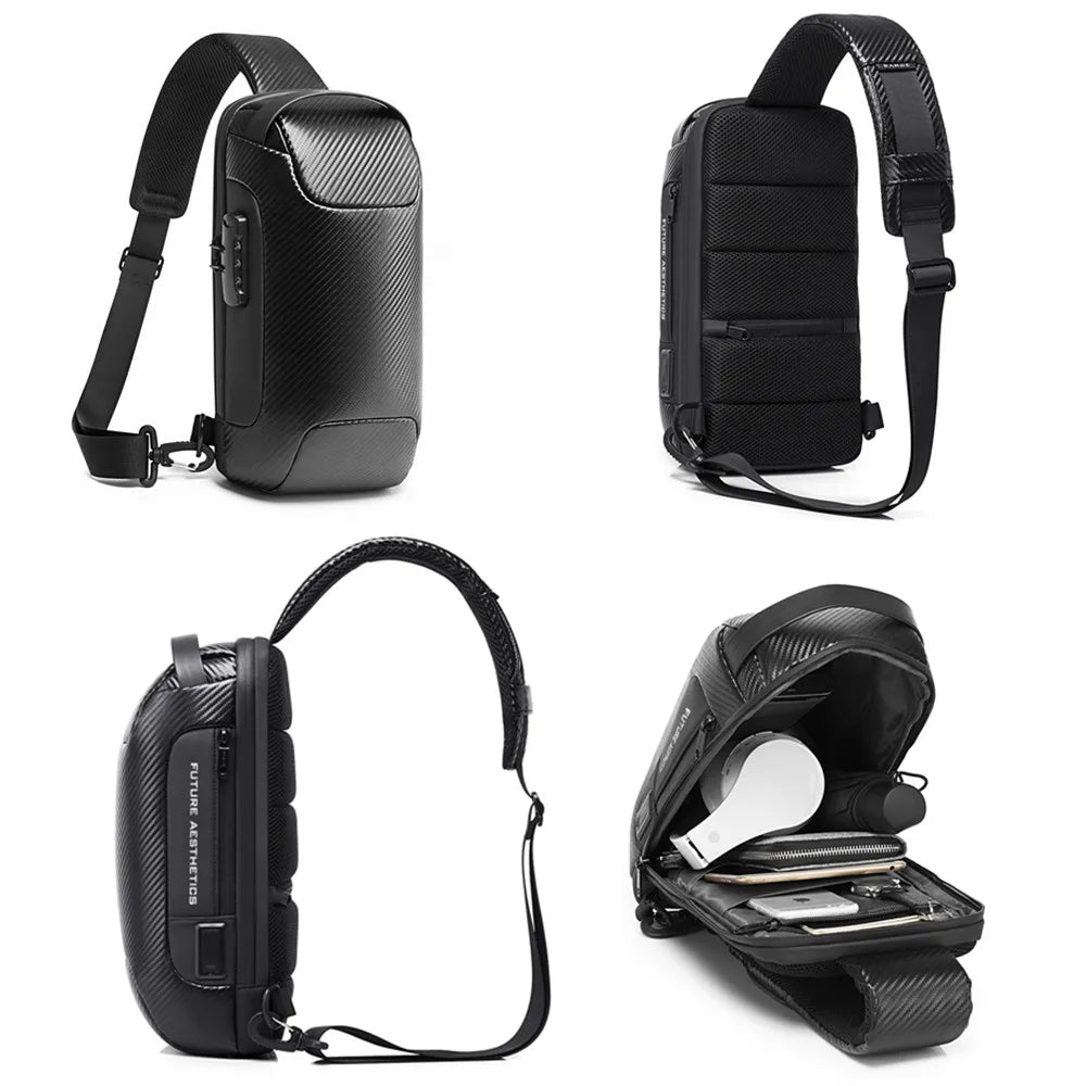 0049 BANGE Crossbody Bag – Waterproof Carbon Fiber Pattern Sling & Messenger Pack with USB Charging for Men