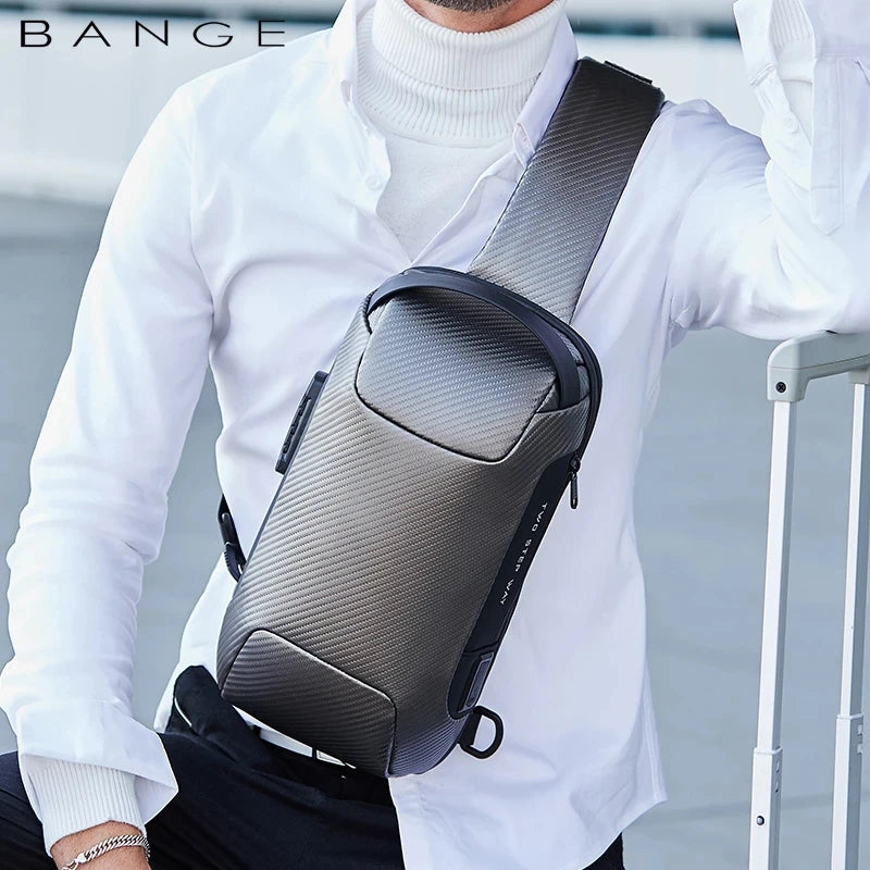 0049 BANGE Crossbody Bag – Waterproof Carbon Fiber Pattern Sling & Messenger Pack with USB Charging for Men