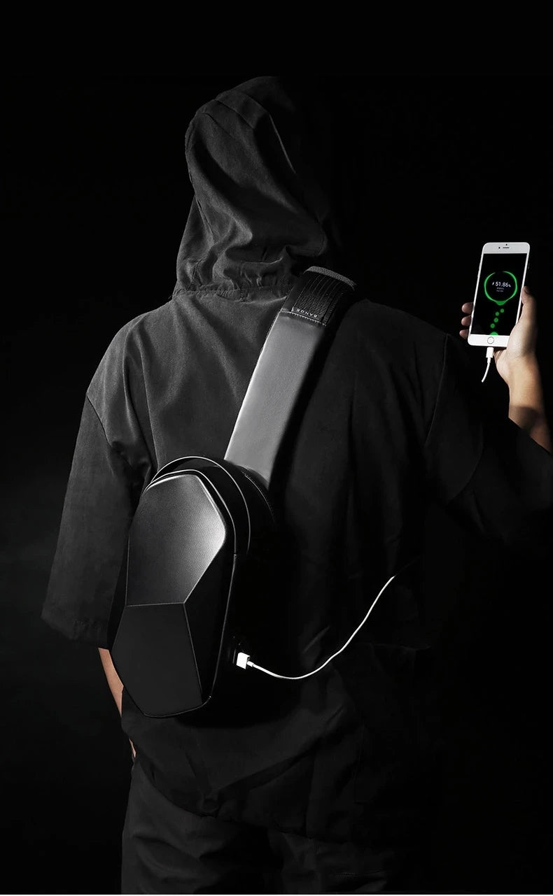 0026 BANGE Hard Shell Sling Bag – Waterproof Chest Pack with USB Charging for Men