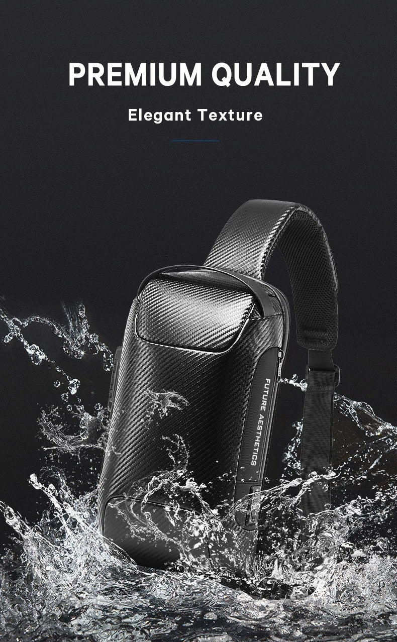 0049 BANGE Crossbody Bag – Waterproof Carbon Fiber Pattern Sling & Messenger Pack with USB Charging for Men