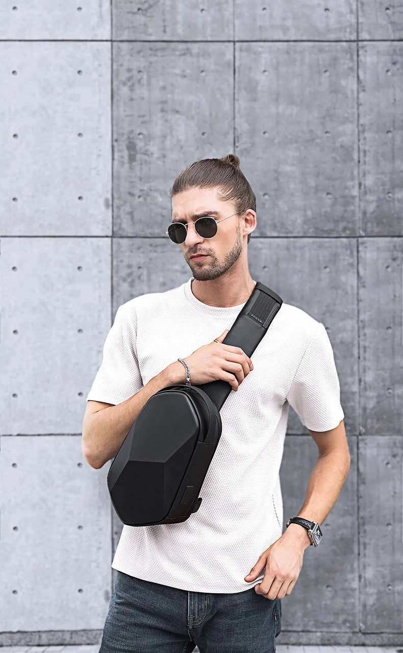 0026 BANGE Hard Shell Sling Bag – Waterproof Chest Pack with USB Charging for Men