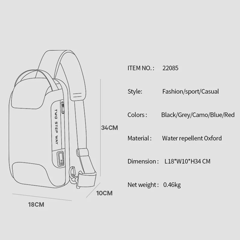 0052 BANGE Chest Bag – Waterproof Anti-Theft Crossbody Sling & Messenger Pack with USB Charging for Men