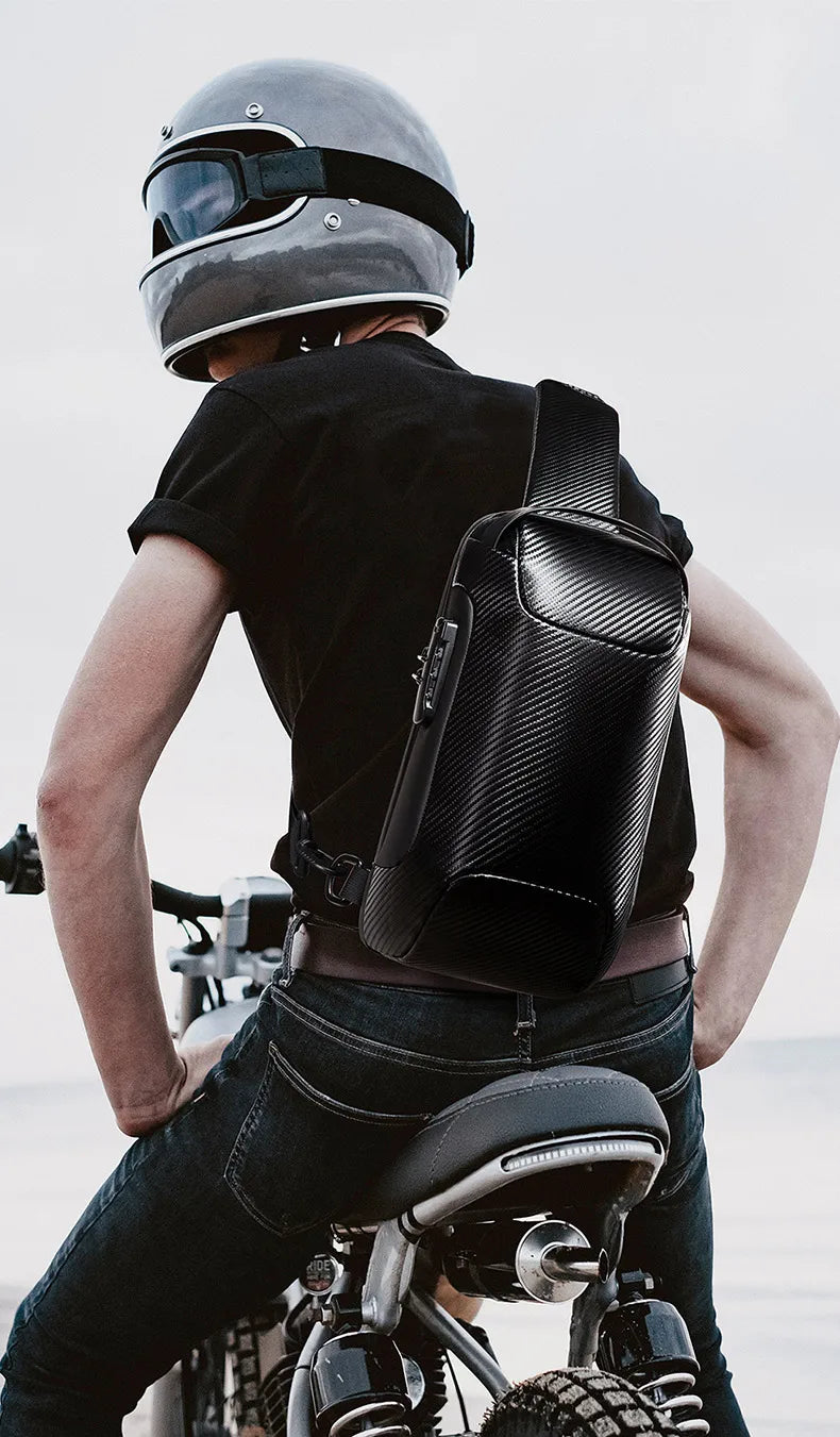 0049 BANGE Crossbody Bag – Waterproof Carbon Fiber Pattern Sling & Messenger Pack with USB Charging for Men