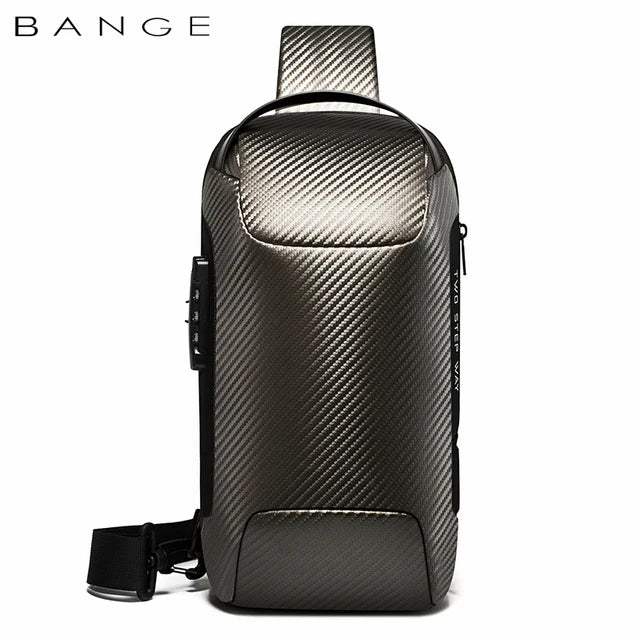 0049 BANGE Crossbody Bag – Waterproof Carbon Fiber Pattern Sling & Messenger Pack with USB Charging for Men