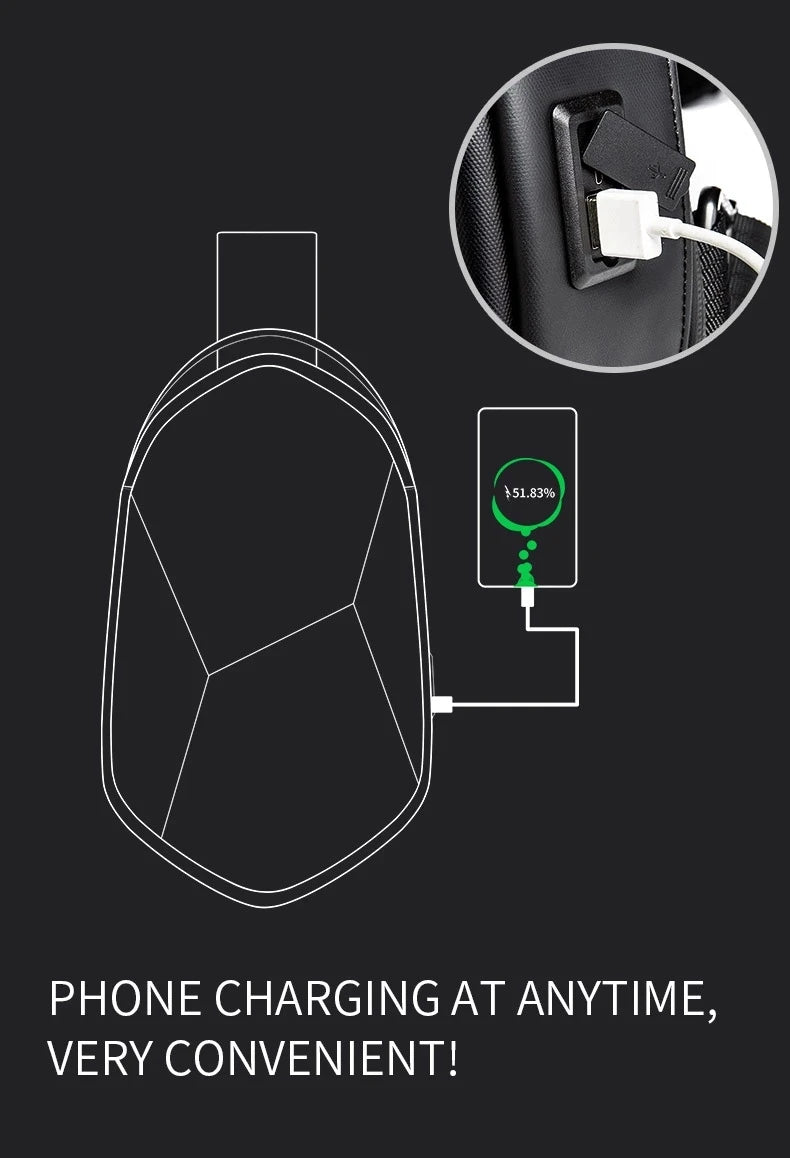 0026 BANGE Hard Shell Sling Bag – Waterproof Chest Pack with USB Charging for Men
