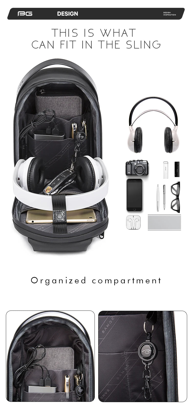 0042 BANGE Crossbody Bag – Waterproof TPU Sling & Messenger Pack with USB Charging for Men