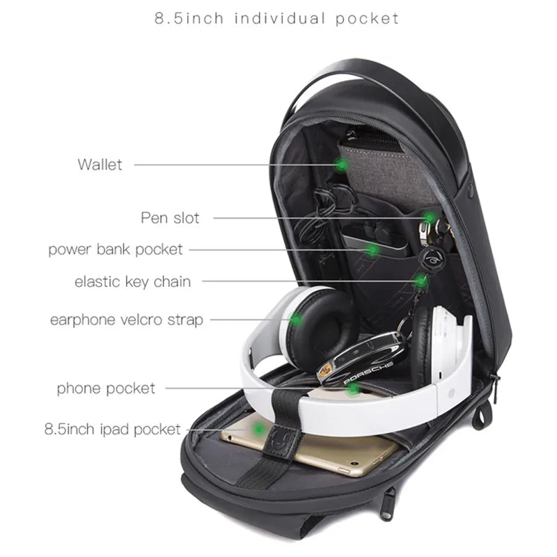 0042 BANGE Crossbody Bag – Waterproof TPU Sling & Messenger Pack with USB Charging for Men