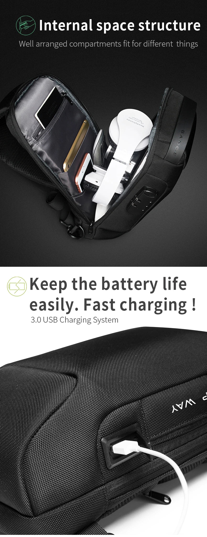 0052 BANGE Chest Bag – Waterproof Anti-Theft Crossbody Sling & Messenger Pack with USB Charging for Men