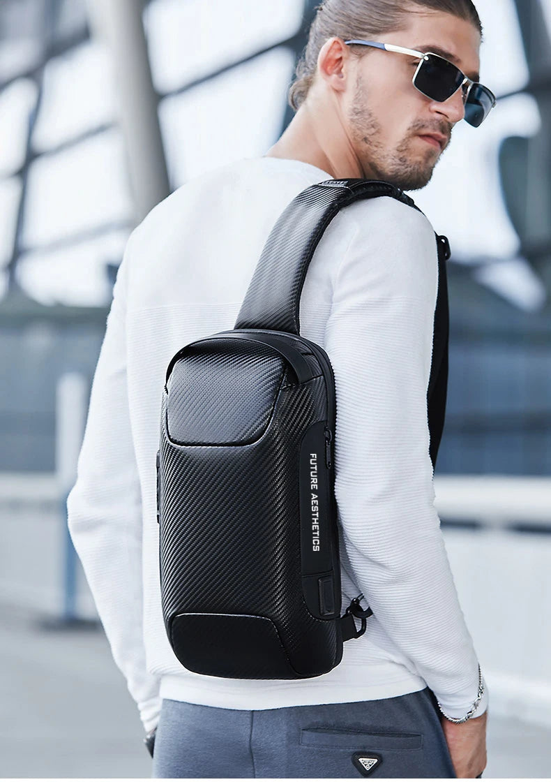 0049 BANGE Crossbody Bag – Waterproof Carbon Fiber Pattern Sling & Messenger Pack with USB Charging for Men