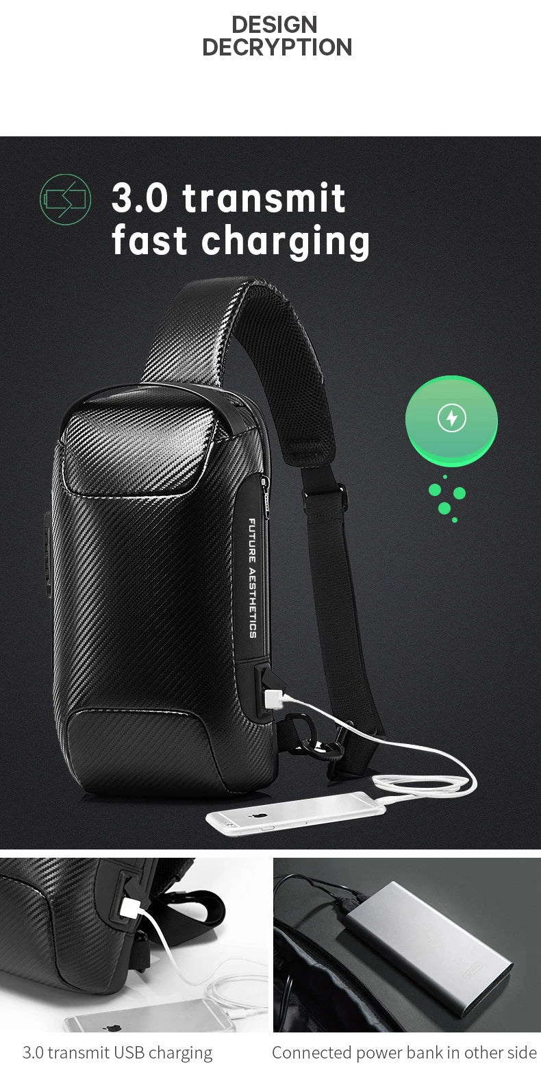0049 BANGE Crossbody Bag – Waterproof Carbon Fiber Pattern Sling & Messenger Pack with USB Charging for Men