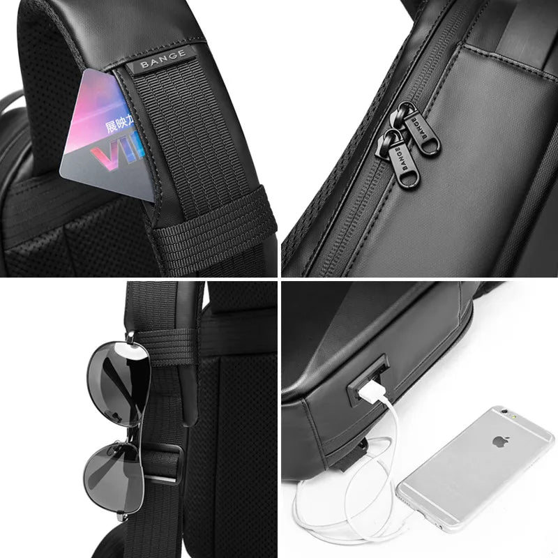 0026 BANGE Hard Shell Sling Bag – Waterproof Chest Pack with USB Charging for Men