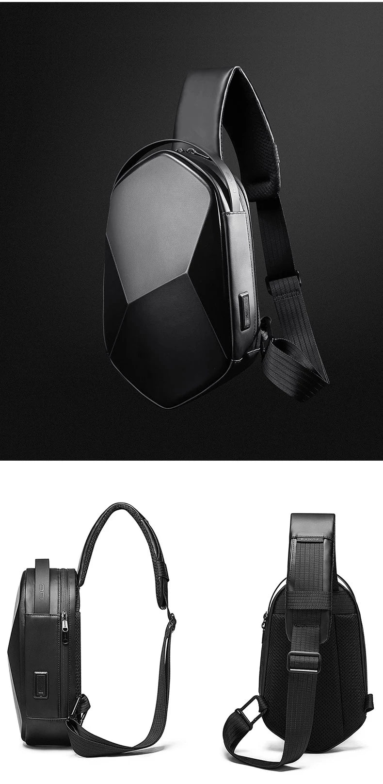 0026 BANGE Hard Shell Sling Bag – Waterproof Chest Pack with USB Charging for Men