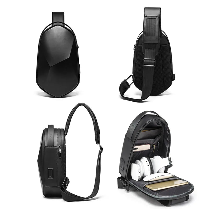 0026 BANGE Hard Shell Sling Bag – Waterproof Chest Pack with USB Charging for Men