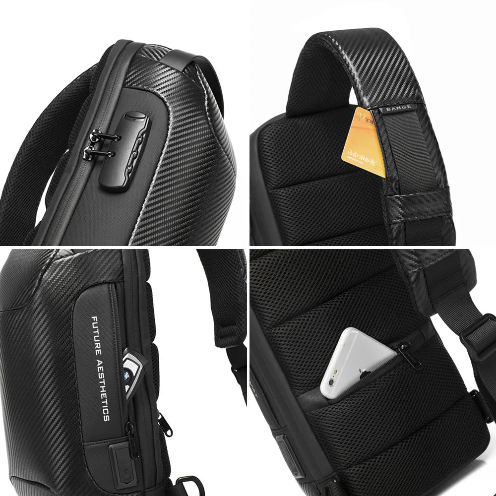 0049 BANGE Crossbody Bag – Waterproof Carbon Fiber Pattern Sling & Messenger Pack with USB Charging for Men