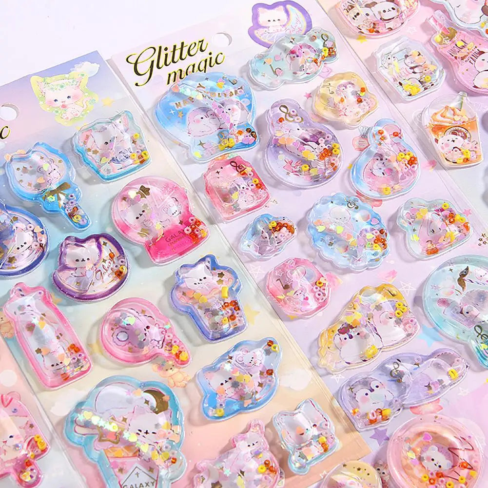 Kawaii Glitter Puffy Stickers — Cute Cartoon Animals & Stars