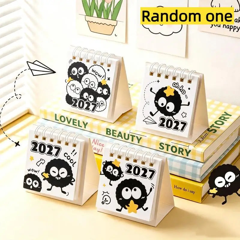 0155 2027 Mini Desk Calendar - Cute Black Cat & Apple Palm Size 7cm Desktop Calendar | 2027 Kawaii Mini Calendar