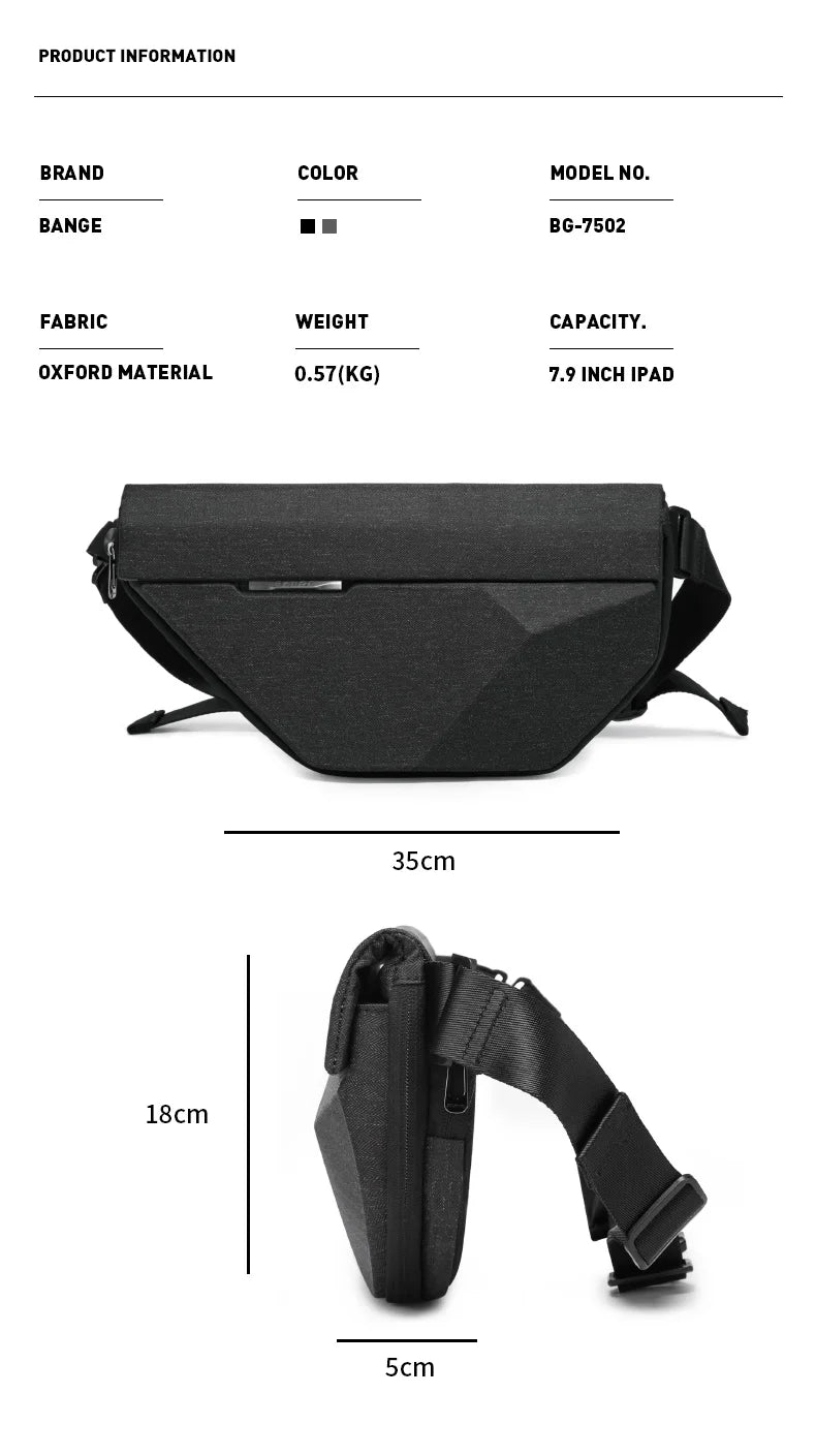 0029 BANGE Waterproof Sling Bag – Men’s Chest Pack with USB Charging, Fits iPad Mini