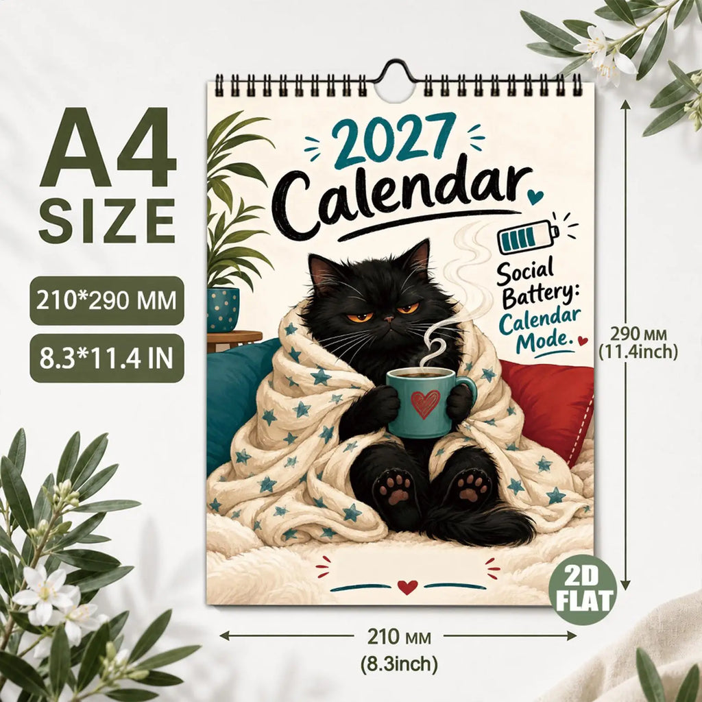 0147 2027 Calendar - Social Battery: Calendar Mode - Funny Black Cat Coffee Wall Calendar A4 210x290mm