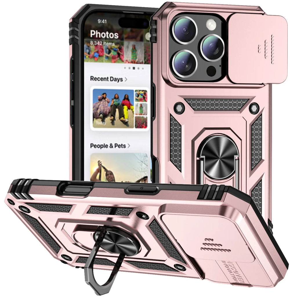 0068 Ring Stand Armor Case – Military Grade Rotating Camera Lens Cover for iPhone 17/16 Pro Max