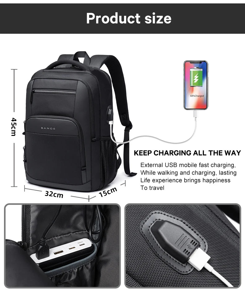 0055 BANGE Waterproof Backpack – 15.6 Inch Laptop Bag with USB Charging, Travel & School Rucksack for Men & Women