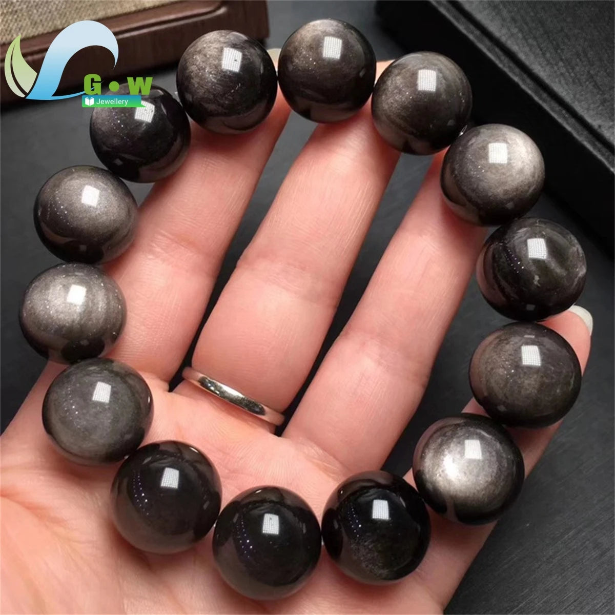 0099 Natural Silver Obsidian Bracelet – Men’s & Women’s Double Cat Eye Gold Obsidian Lucky Amulet