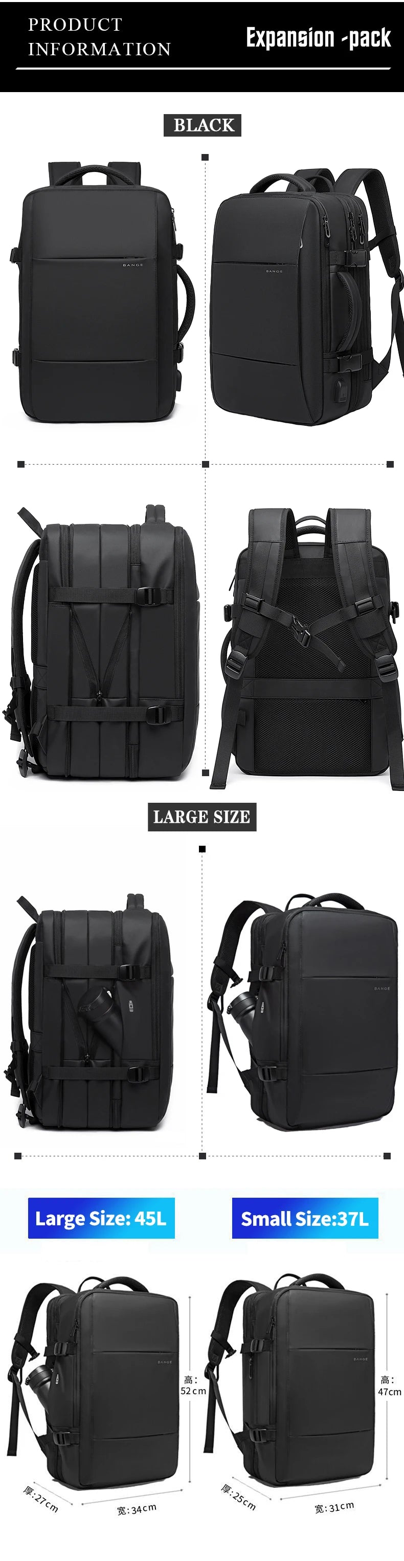0015 BANGE Expandable Backpack – Waterproof 17 Inch Laptop Bag for Men, Travel & Work