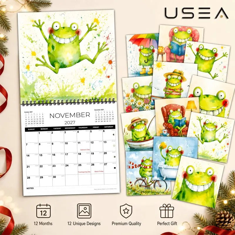 0156 Happy Frog 2027 Wall Calendar - Funny Frog Wall Calendar 21x21cm | 12 Months 12 Unique Designs Premium Matte Paper