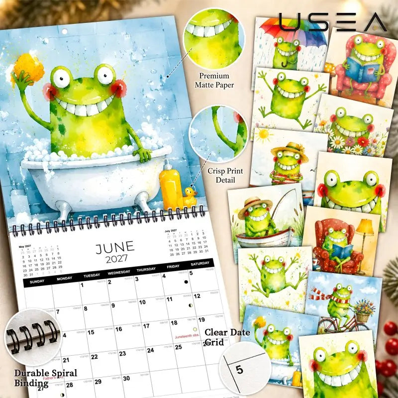 0156 Happy Frog 2027 Wall Calendar - Funny Frog Wall Calendar 21x21cm | 12 Months 12 Unique Designs Premium Matte Paper