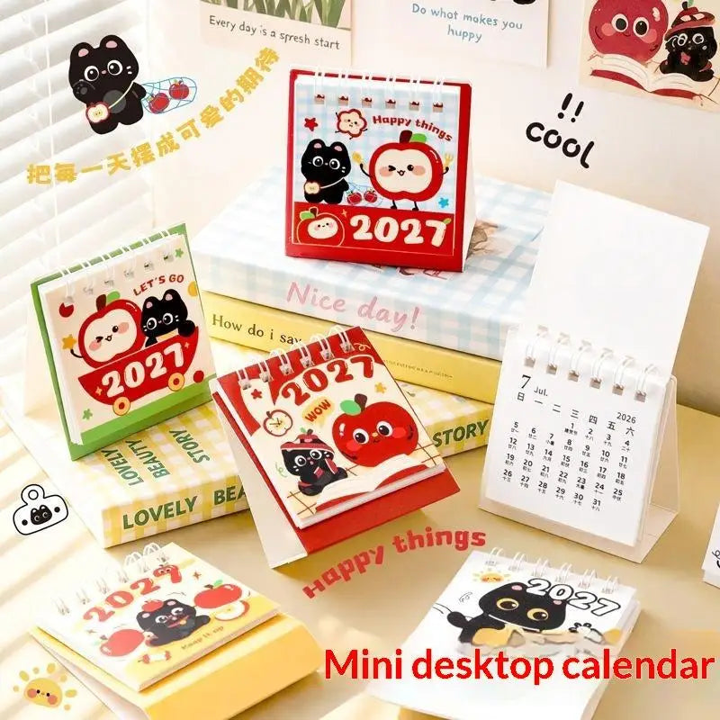 0155 2027 Mini Desk Calendar - Cute Black Cat & Apple Palm Size 7cm Desktop Calendar | 2027 Kawaii Mini Calendar