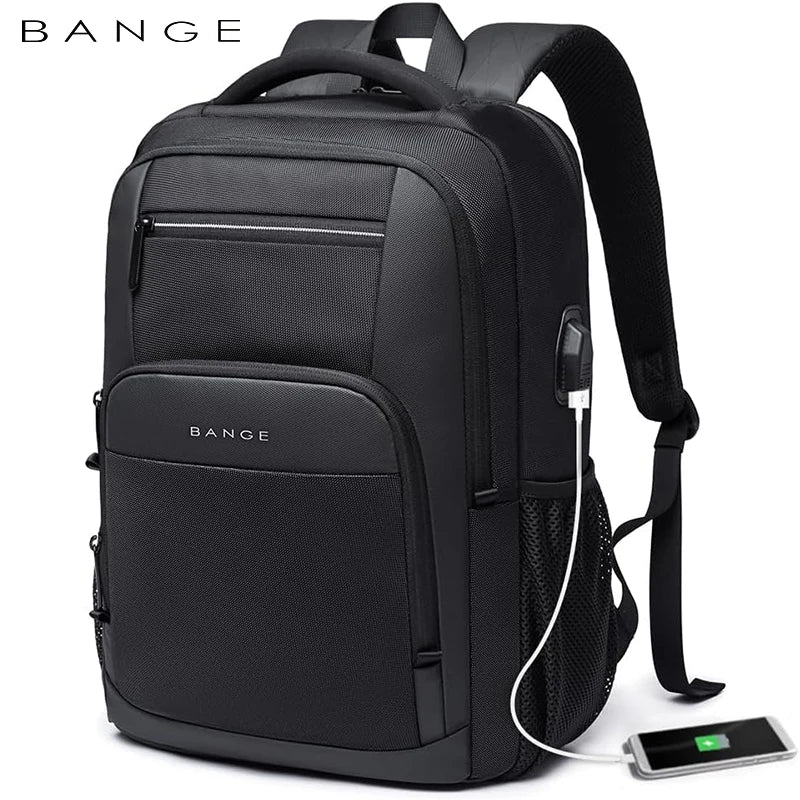 0055 BANGE Waterproof Backpack – 15.6 Inch Laptop Bag with USB Charging, Travel & School Rucksack for Men & Women