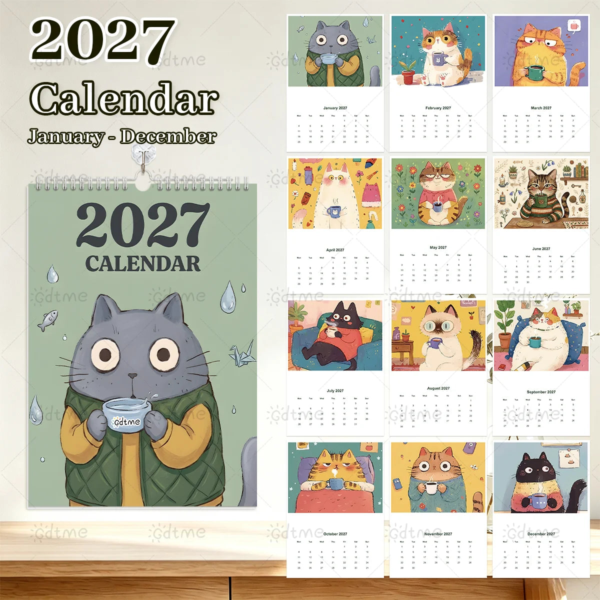 0149 2027 Calendar Cute Cat - Coffee Cat Wall Calendar 21x29.7cm A4 Pearlescent Cover | 12 Months Cute Cats With Coffee Cups