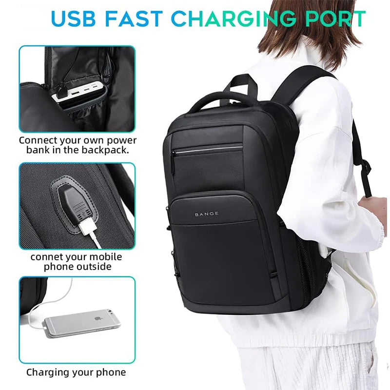 0055 BANGE Waterproof Backpack – 15.6 Inch Laptop Bag with USB Charging, Travel & School Rucksack for Men & Women