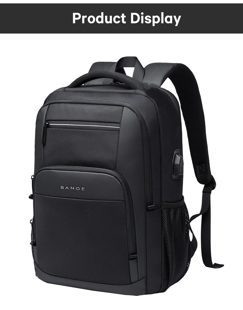 0055 BANGE Waterproof Backpack – 15.6 Inch Laptop Bag with USB Charging, Travel & School Rucksack for Men & Women