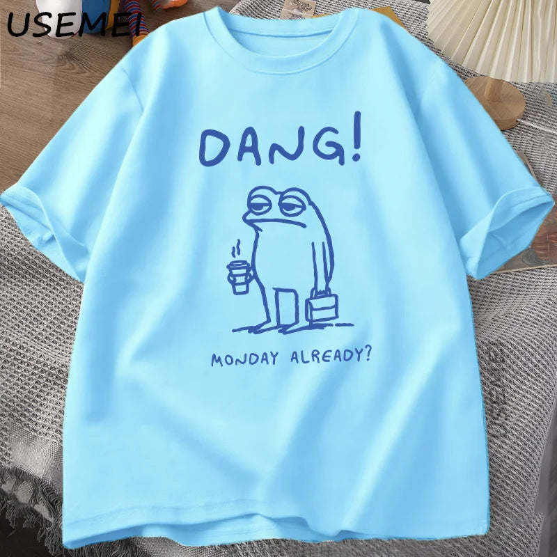 0076 Dang Monday Already Frog T‑Shirt – Funny Cottagecore Men’s Cotton Short Sleeve Tee