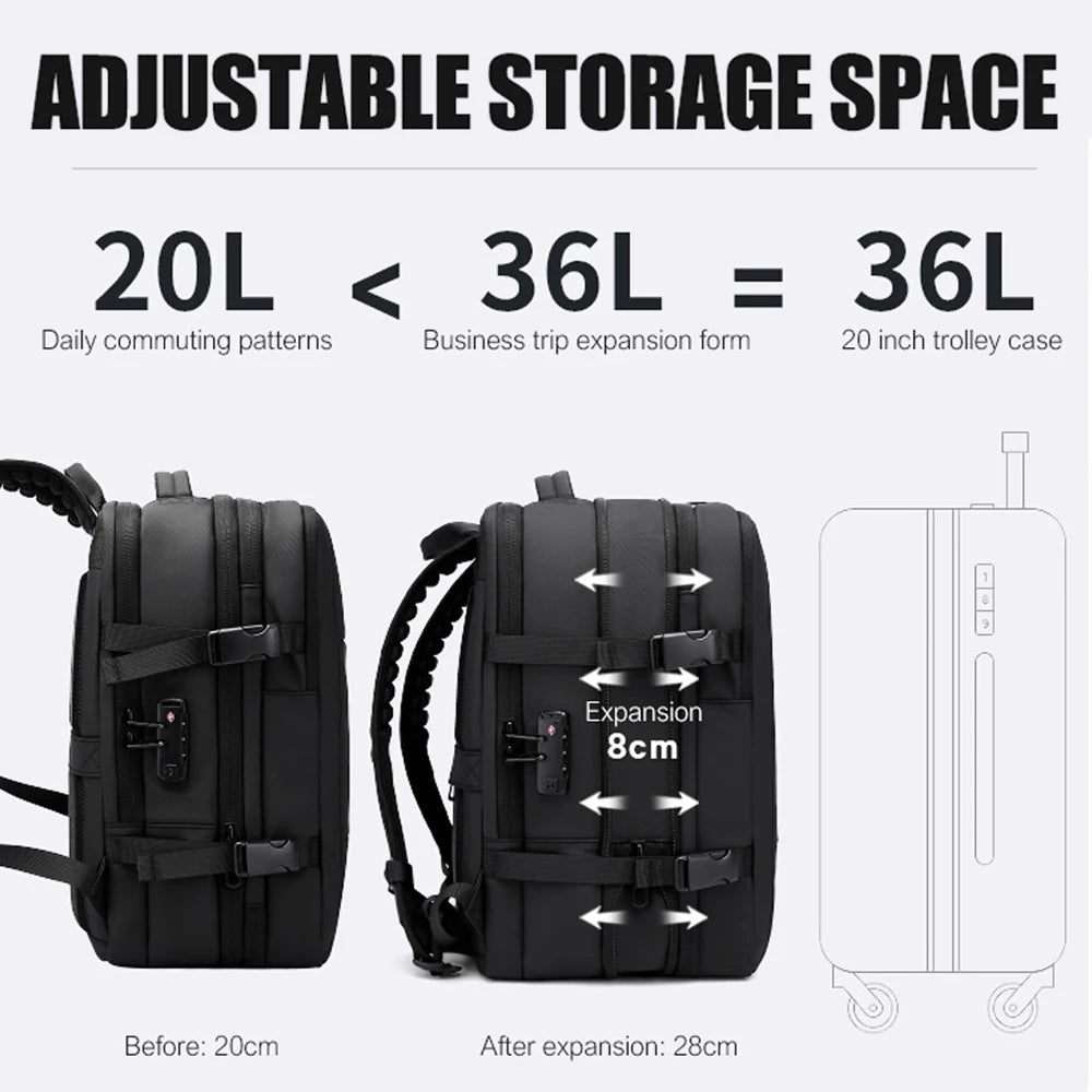 BANGE Expandable Travel Backpack – 17" Laptop, Vacuum Compression, Waterproof